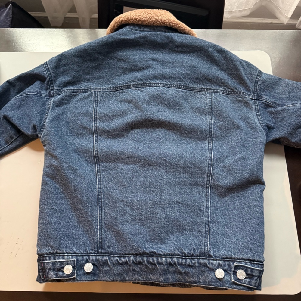 Pilcro Anthropologie Sherpa Lined Denim Trucker Jacket Blue Womens Small - Picture 3 of 8
